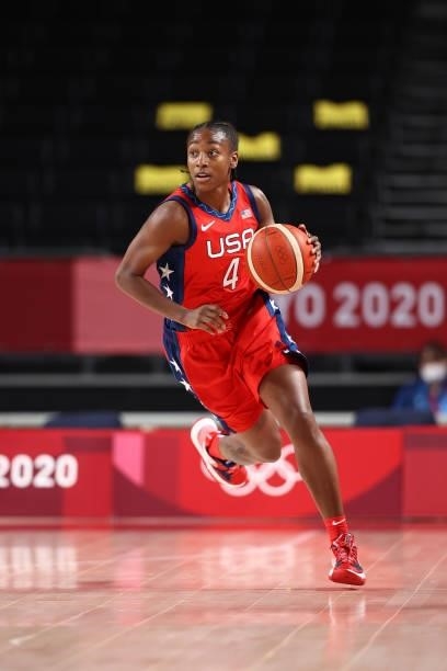 Jewell Loyd of the USA Basketball Womens National Team handles the ball against the Nigeria Women's National Team during the 2020 Tokyo Olympics at...