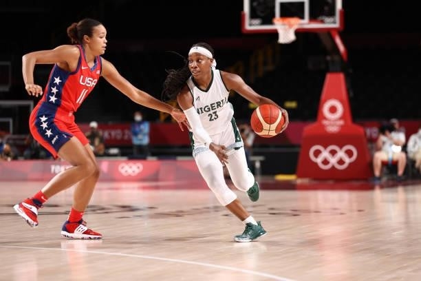 Napheesa Collier of the USA Basketball Womens National Team plays defense on Ezinne Kalu of the Nigeria Womens National Team during the 2020 Tokyo...