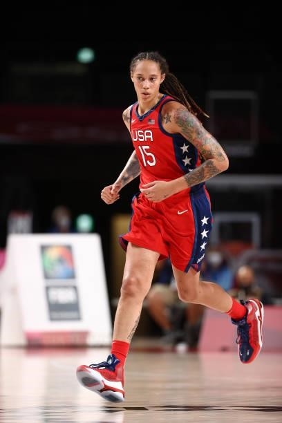 Brittney Griner of the USA Basketball Womens National Team runs down the court against the Nigeria Women's National Team during the 2020 Tokyo...