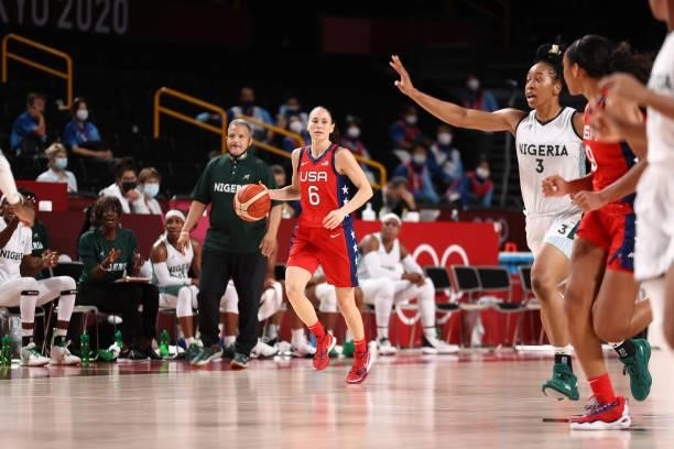 Sue Bird of the USA Basketball Womens National Team handles the ball against the Nigeria Women's National Team during the 2020 Tokyo Olympics at the...