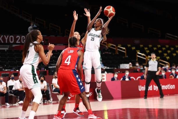 Sarah Imovbioh of the Nigeria Womens National Team drives to the basket against the USA Basketball Womens National Team during the 2020 Tokyo...