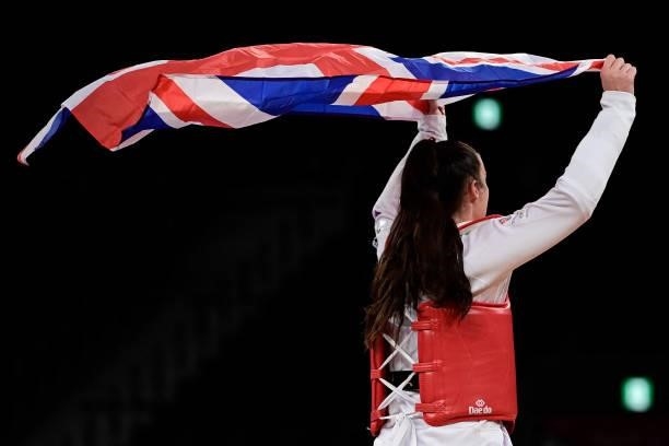 Britain's Bianca Walkden celebrates after winning the taekwondo women's +67kg bronze medal B bout during the Tokyo 2020 Olympic Games at the Makuhari...