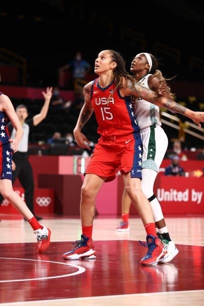 Brittney Griner of the USA Basketball Womens National Team looks up during the game against the Nigeria Women's National Team during the 2020 Tokyo...