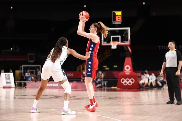 Breanna Stewart of the USA Basketball Womens National Team handles the ball against the Nigeria Women's National Team during the 2020 Tokyo Olympics...