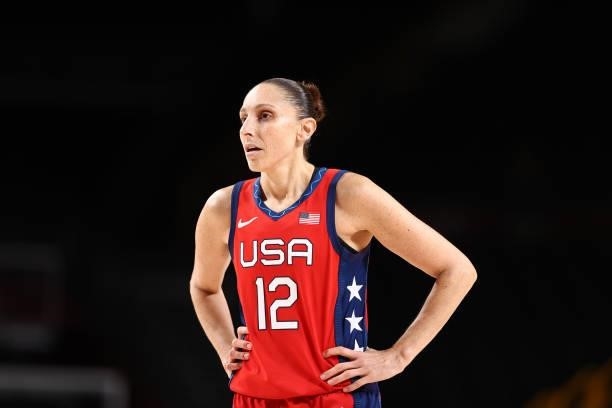 Diana Taurasi of the USA Basketball Womens National Team looks on during the game against the Nigeria Women's National Team during the 2020 Tokyo...