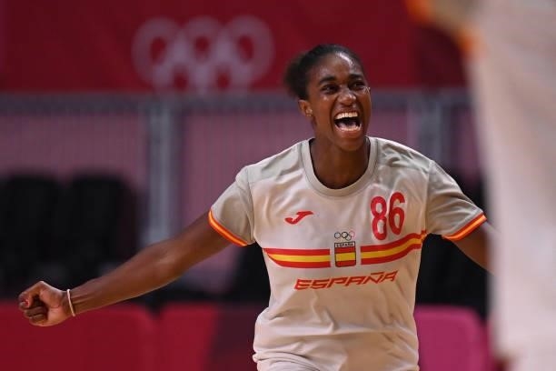 Spain's left back Alexandrina Cabral Barbosa celebrates after scoring during the women's preliminary round group B handball match between France and...