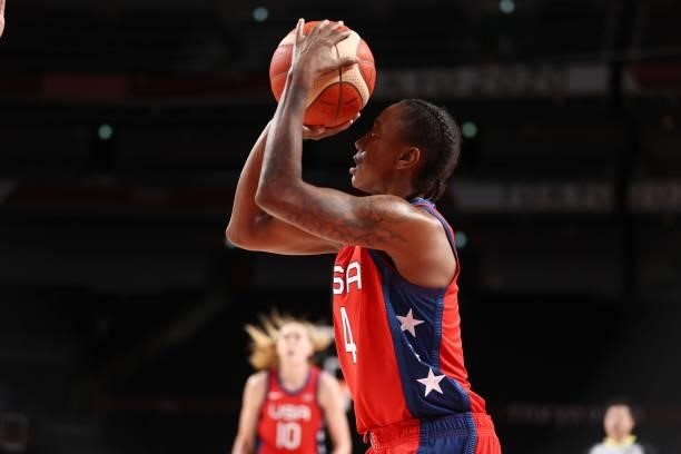 Jewell Loyd of the USA Basketball Womens National Team looks to shoot the ball against the Nigeria Women's National Team during the 2020 Tokyo...