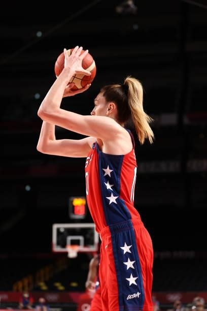 Breanna Stewart of the USA Basketball Womens National Team looks to shoot the ball against the Nigeria Women's National Team during the 2020 Tokyo...