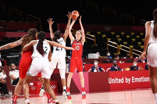 Breanna Stewart of the USA Basketball Womens National Team looks to pass the ball against the Nigeria Women's National Team during the 2020 Tokyo...