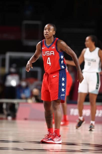 Jewell Loyd of the USA Basketball Womens National Team looks on during the game against the Nigeria Women's National Team during the 2020 Tokyo...