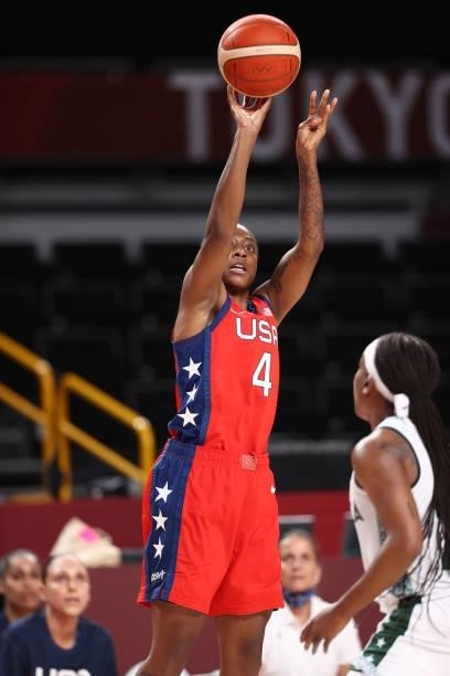 Jewell Loyd of the USA Basketball Womens National Team shoots the ball against the Nigeria Women's National Team during the 2020 Tokyo Olympics at...