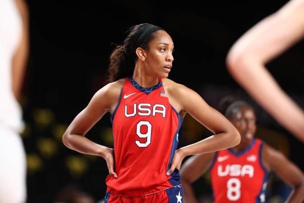 Ja Wilson of the USA Basketball Womens National Team looks on during the game against the Nigeria Women's National Team during the 2020 Tokyo...