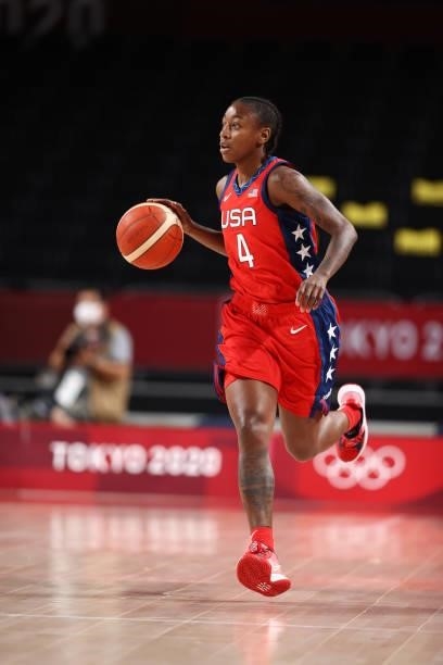 Jewell Loyd of the USA Basketball Womens National Team dribbles the ball against the Nigeria Women's National Team during the 2020 Tokyo Olympics at...