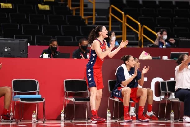 Sue Bird of the USA Basketball Womens National Team celebrates during the game against the Nigeria Women's National Team during the 2020 Tokyo...