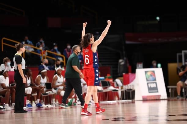 Sue Bird of the USA Basketball Womens National Team celebrates during the game against the Nigeria Women's National Team during the 2020 Tokyo...