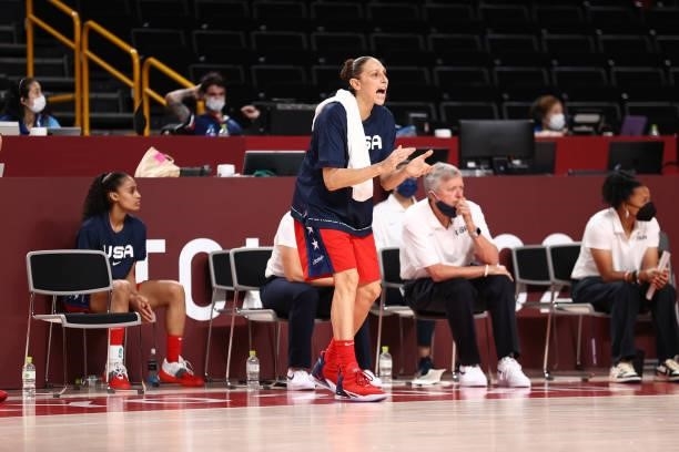 Diana Taurasi of the USA Basketball Womens National Team celebrates during the game against the Nigeria Women's National Team during the 2020 Tokyo...