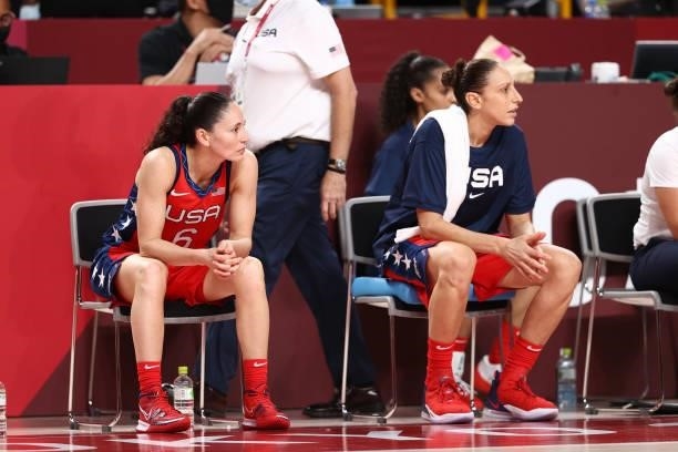 Sue Bird of the USA Basketball Womens National Team and Diana Taurasi look on during the game against the Nigeria Women's National Team during the...