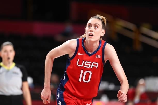 Breanna Stewart of the USA Basketball Womens National Team looks on during the game against the Nigeria Women's National Team during the 2020 Tokyo...