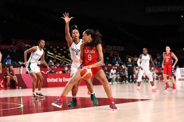 Ja Wilson of the USA Basketball Womens National Team handles the ball against the Nigeria Women's National Team during the 2020 Tokyo Olympics at the...