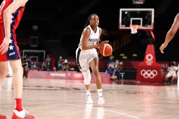 Adaora Elonu of the Nigeria Womens National Team handles the ball against the USA Basketball Womens National Team during the 2020 Tokyo Olympics at...