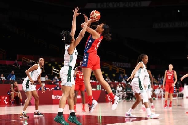 Ja Wilson of the USA Basketball Womens National Team shoots the ball against the Nigeria Women's National Team during the 2020 Tokyo Olympics at the...