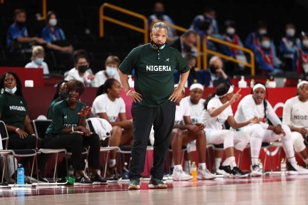 Head Coach Otis Hughley Jr. Of the Nigeria Womens National Team looks on during the game against the USA Basketball Womens National Team during the...