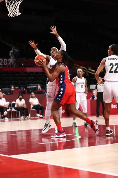 Sylvia Fowles of the USA Basketball Womens National Team drives to the basket against the Nigeria Women's National Team during the 2020 Tokyo...