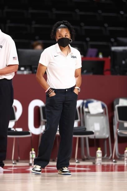 Head Coach Dawn Staley of the USA Basketball Womens National Team looks on during the game against the Nigeria Women's National Team during the 2020...