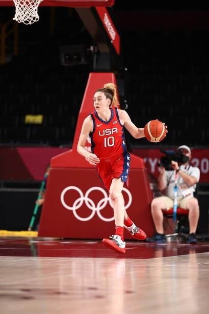Breanna Stewart of the USA Basketball Womens National Team dribbles the ball against the Nigeria Women's National Team during the 2020 Tokyo Olympics...