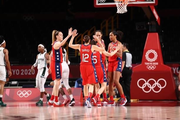The USA Basketball Womens National Team celebrate during the game against the Nigeria Women's National Team during the 2020 Tokyo Olympics at the...