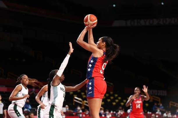 Ja Wilson of the USA Basketball Womens National Team shoots the ball against the Nigeria Women's National Team during the 2020 Tokyo Olympics at the...