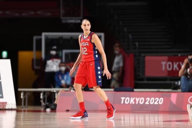 Diana Taurasi of the USA Basketball Womens National Team looks on against the Nigeria Women's National Team during the 2020 Tokyo Olympics at the...