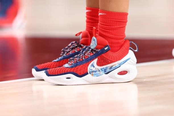 The sneakers of A'ja Wilson of the USA Basketball Womens National Team during the game against the Nigeria Women's National Team during the 2020...