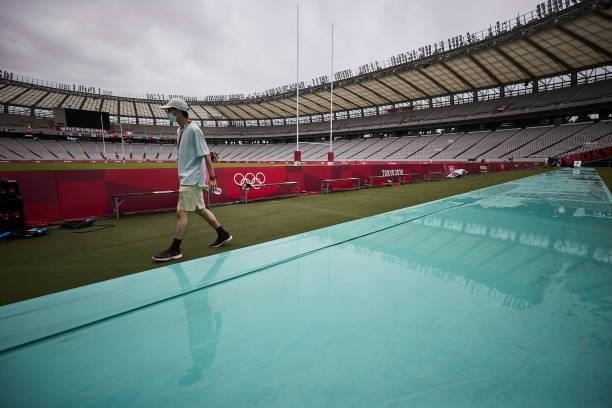The typhoon that reached Japan left light rain on the field during the Rugby Pool B match between Canada and Japan on day four of the Tokyo 2020...