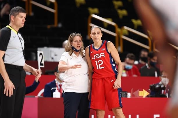 Assistant Coach Cheryl Reeve of the USA Basketball Womens National Team talks with Diana Taurasi during the game against the Nigeria Women's National...