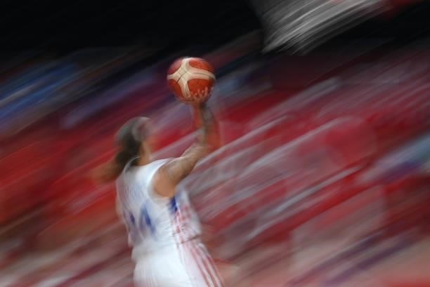 Puerto Rico's Jazmon Gwathmey shoots the ball in the women's preliminary round group C basketball match between China and Puerto Rico during the...