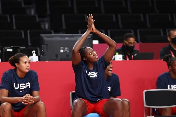 Tina Charles of the USA Basketball Womens National Team looks up during the game against the Nigeria Women's National Team during the 2020 Tokyo...