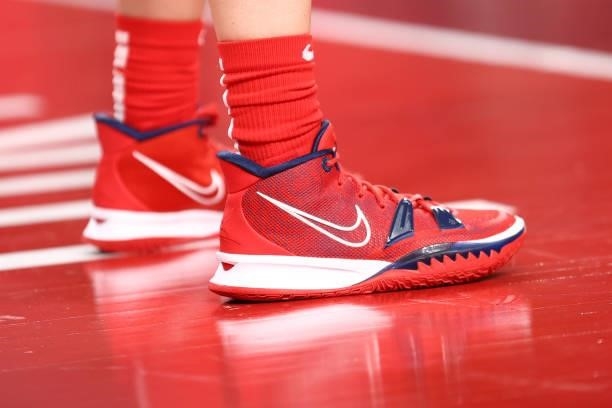 The sneakers of Sue Bird of the USA Basketball Womens National Team during the game against the Nigeria Women's National Team during the 2020 Tokyo...