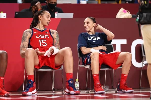 Brittney Griner of the USA Basketball Womens National Team talks with Diana Taurasi during the game against the Nigeria Women's National Team during...