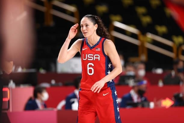 Sue Bird of the USA Basketball Womens National Team looks on during the game against the Nigeria Women's National Team during the 2020 Tokyo Olympics...