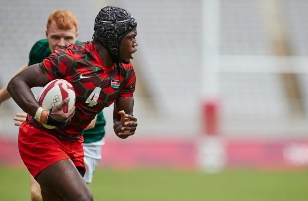 Vincent Onyala of Kenya controls the ball during the Rugby Pool c match between Kenya and Ireland on day four of the Tokyo 2020 Olympic Games at...
