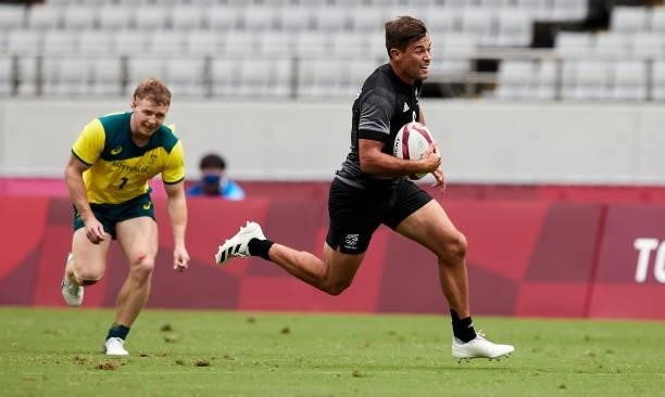 Andrew Knewstubb of New Zealand controls the ball during the Rugby Pool A match between New Zealand and Australia on day four of the Tokyo 2020...