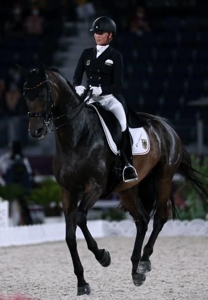 Germany's Jessica von Bredow-Werndl rides TSF Dalera in the dressage grand prix special team competition during the Tokyo 2020 Olympic Games at the...