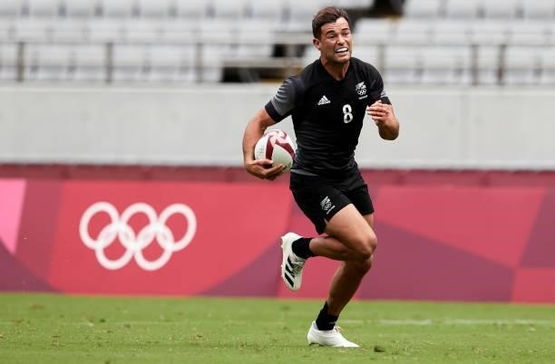 Andrew Knewstubb of New Zealand controls the ball during the Rugby Pool A match between New Zealand and Australia on day four of the Tokyo 2020...