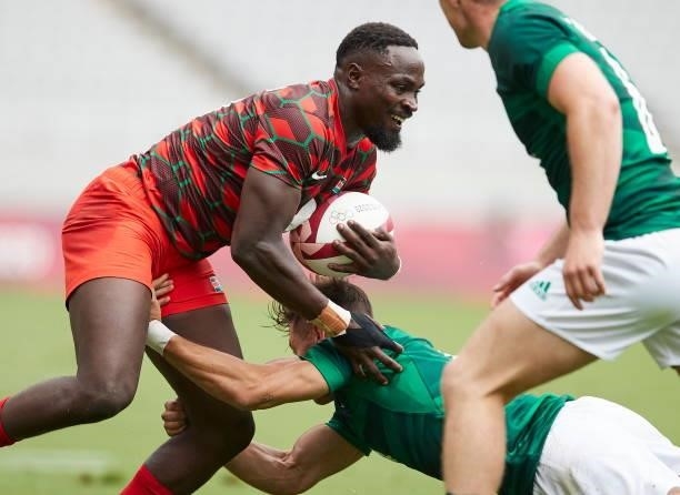 Nelson Oyoo of Kenya battle for the ball during the Rugby Pool c match between Kenya and Ireland on day four of the Tokyo 2020 Olympic Games at Tokyo...