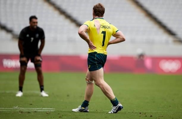 Henry Hutchison of Australia looks on during the Rugby Pool A match between New Zealand and Australia on day four of the Tokyo 2020 Olympic Games at...