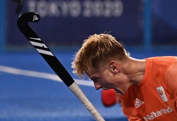 Netherlands' Joep Paul Eric De Mol celebrates after scoring against Canada during their men's pool B match of the Tokyo 2020 Olympic Games field...
