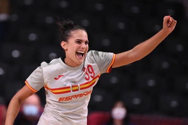 Spain's right back Almudena Maria Rodriguez Rodriguez celebrates after scoring during the women's preliminary round group B handball match between...