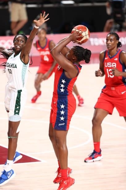 Chelsea Gray of the USA Basketball Womens National Team shoots the ball against the Nigeria Women's National Team during the 2020 Tokyo Olympics at...