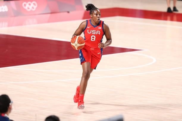 Chelsea Gray of the USA Basketball Womens National Team dribbles the ball against the Nigeria Women's National Team during the 2020 Tokyo Olympics at...